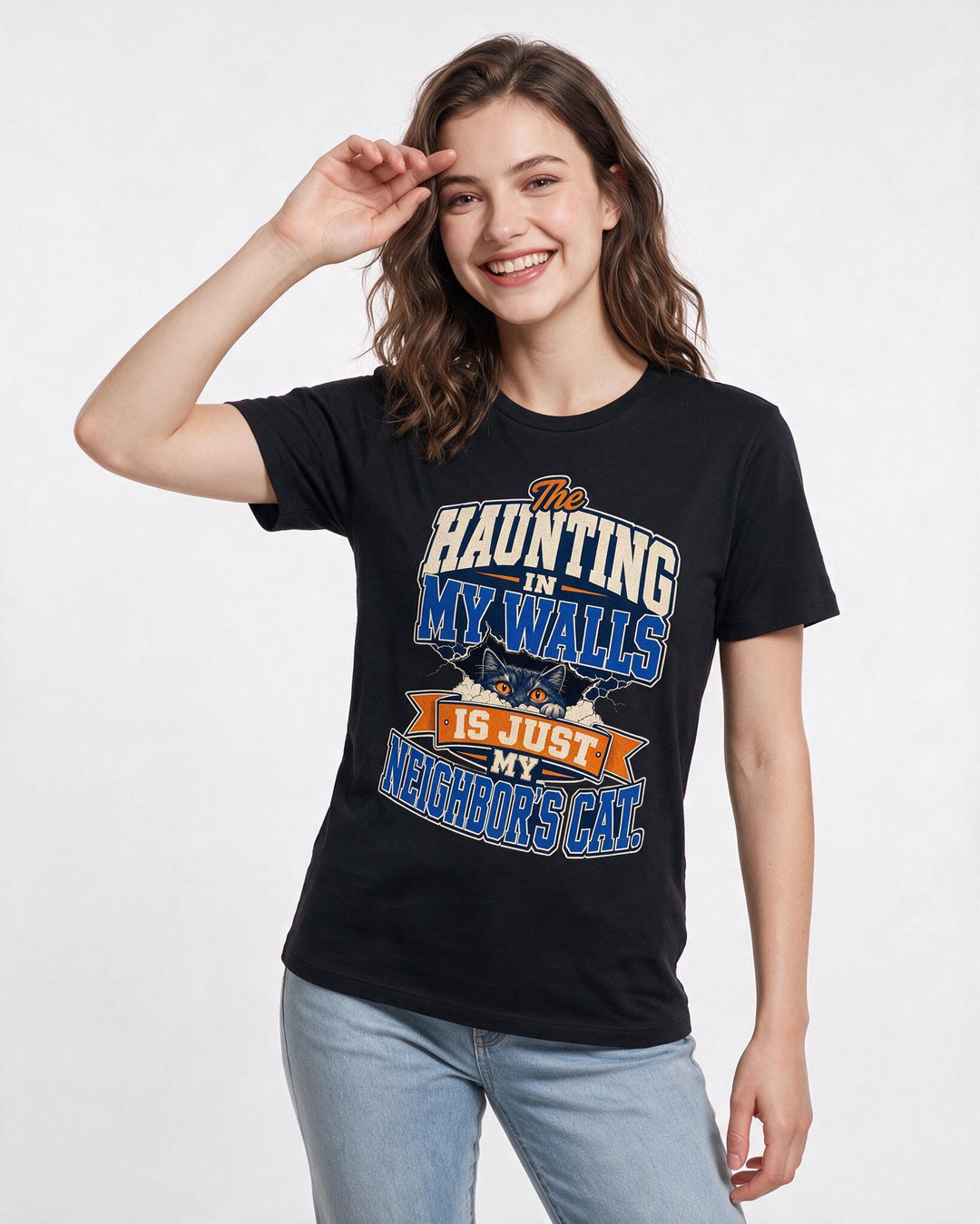 Funny Halloween Women's Black T-Shirt – The haunting in my walls is just my neighbor's cat. product image 3