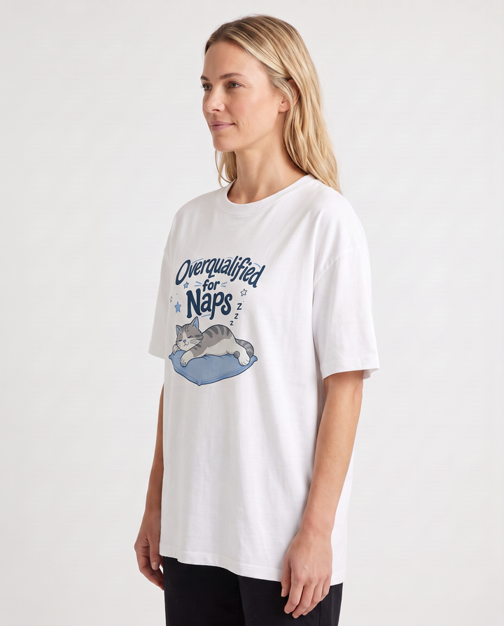 Overqualified For Naps White T-Shirt mockup 2