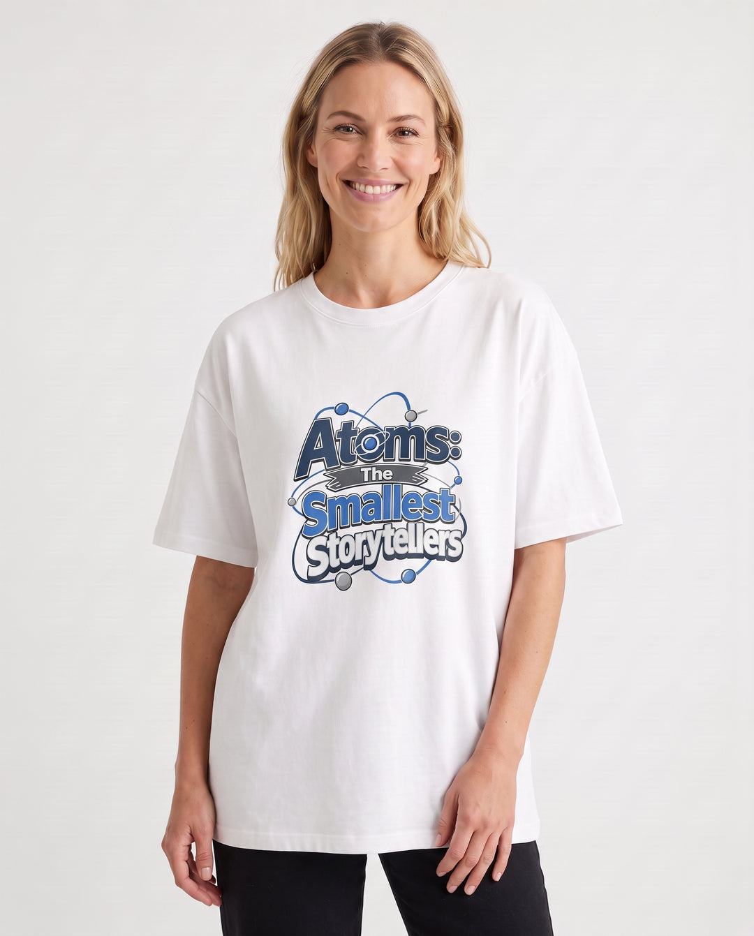 Atoms: The Smallest Storytellers White T-Shirt mockup 3