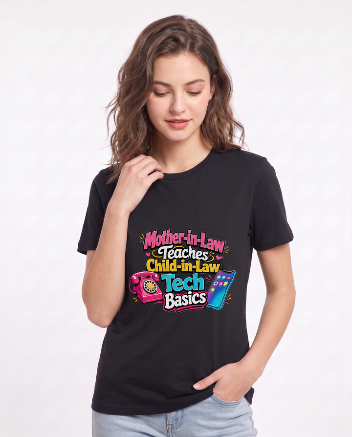 Mother-in-Law Teaches Child-in-Law Tech Basics Women's Black T-Shirt product image 1