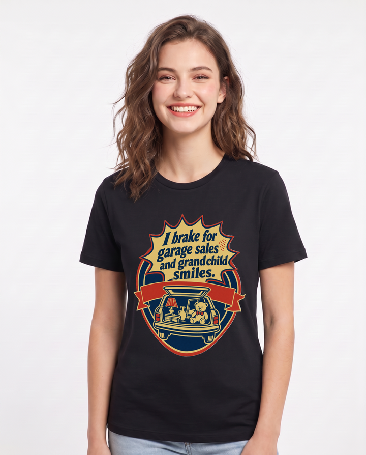 Graphic Women's Black T-Shirt - I brake for garage sales and product image 1
