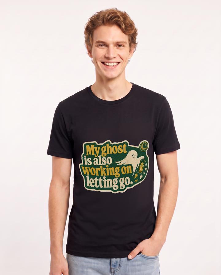 Halloween Men's Black T-Shirt - My ghost is also working on letting product image 1