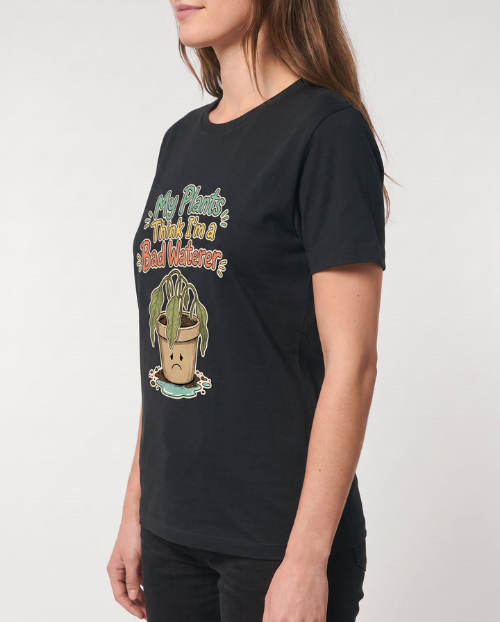 My Plants Think I'm A Bad Waterer Black T-Shirt mockup 2