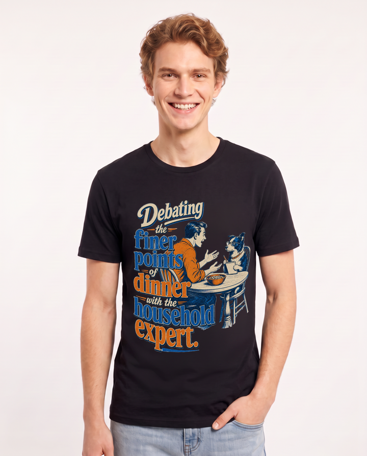 Funny Cat Lover Men's Black T-Shirt – Debating the finer points of dinner with the household expert product image 1