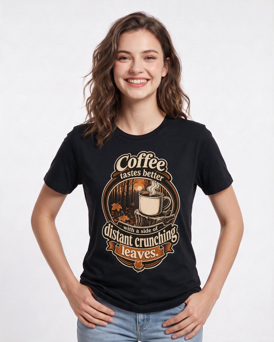 Hunting Women's Black T-Shirt – Coffee tastes better with a side of distant crunching leaves. product image 3