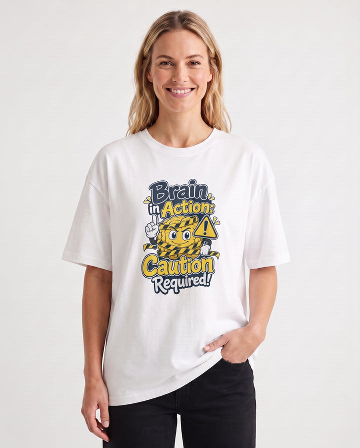 Brain In Action: Caution Required! White T-Shirt mockup 1