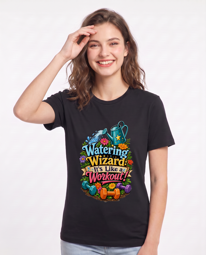 Watering Wizard: It’s Like a Workout! Women's Black T-Shirt product image 1
