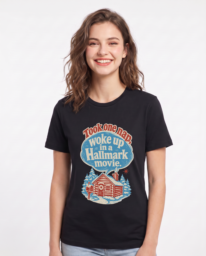 Christmas Women's Black T-Shirt - Took one nap, woke up in a Hallmark product image 1