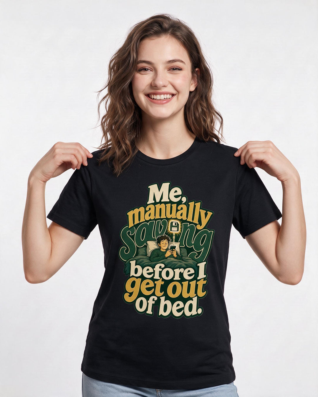 Gaming Women's Black T-Shirt – Me, manually saving before I get out of bed. product image 3