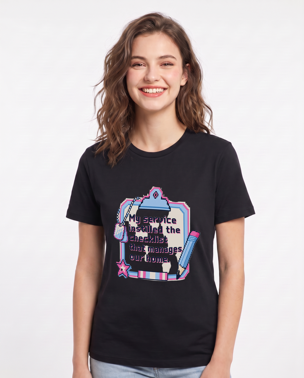 My service instilled the checklist that manages our home. Women's Black T-Shirt product image 2