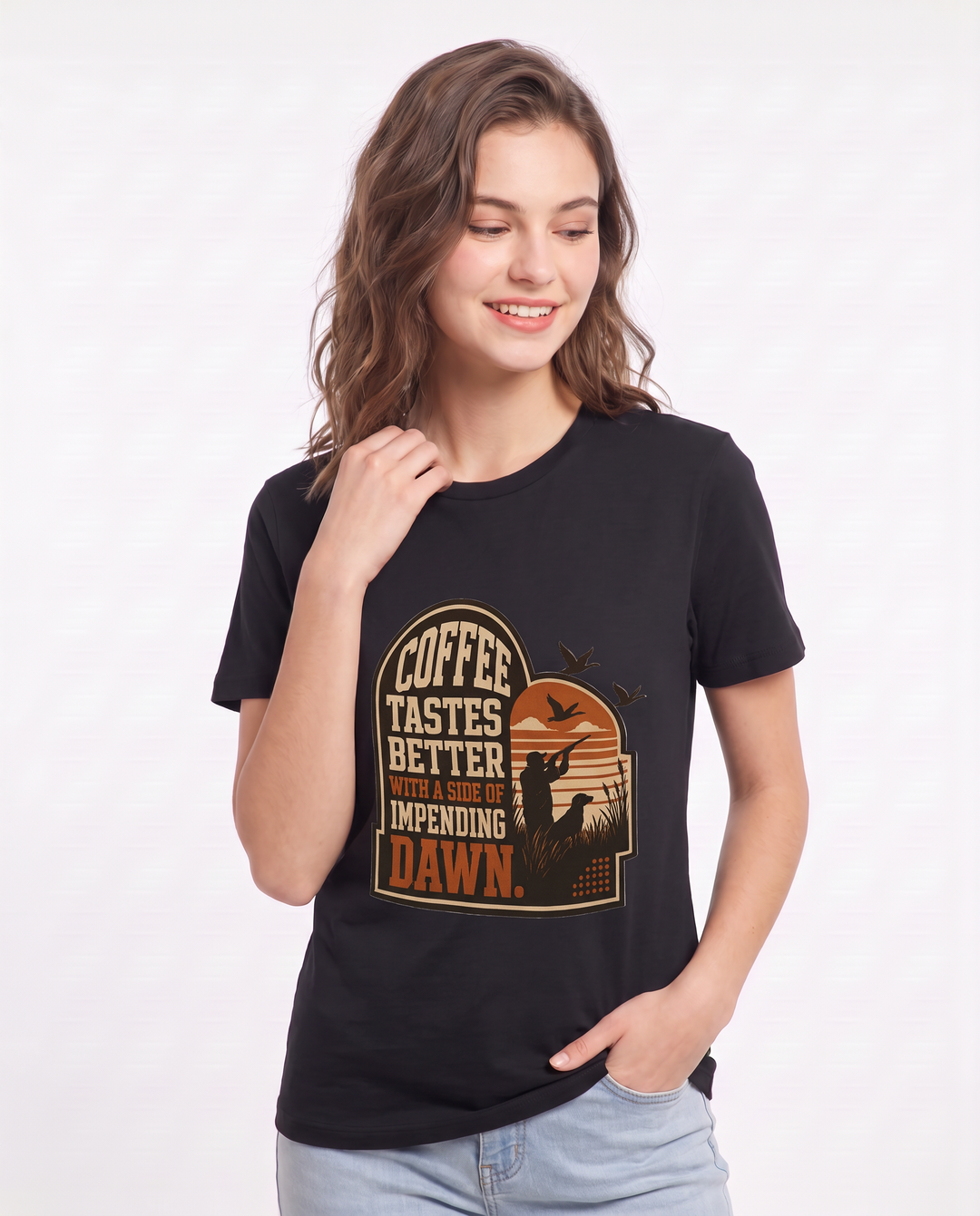 Hunting Women's Black T-Shirt - Coffee tastes better with a side of product image 3