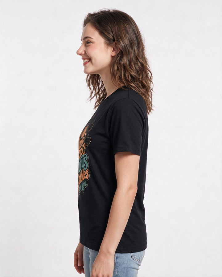 Hunting Women's Black T-Shirt – Alarm clock? Try a chorus of gobbles at first light. product image 2