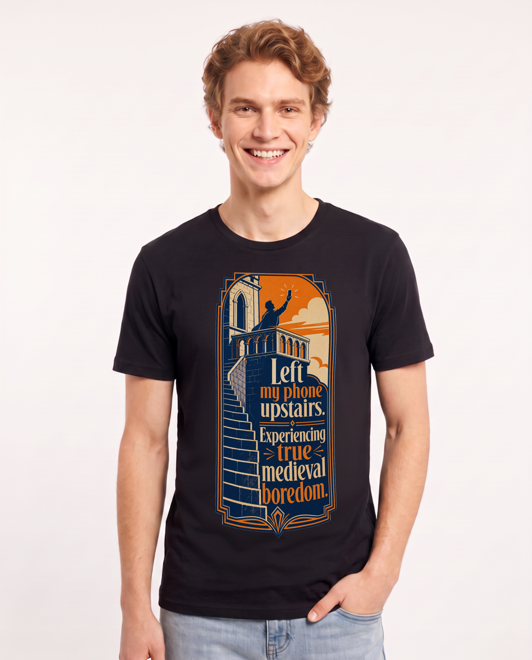 Funny Meme Men's Black T-Shirt – Left my phone upstairs. Experiencing product image 1