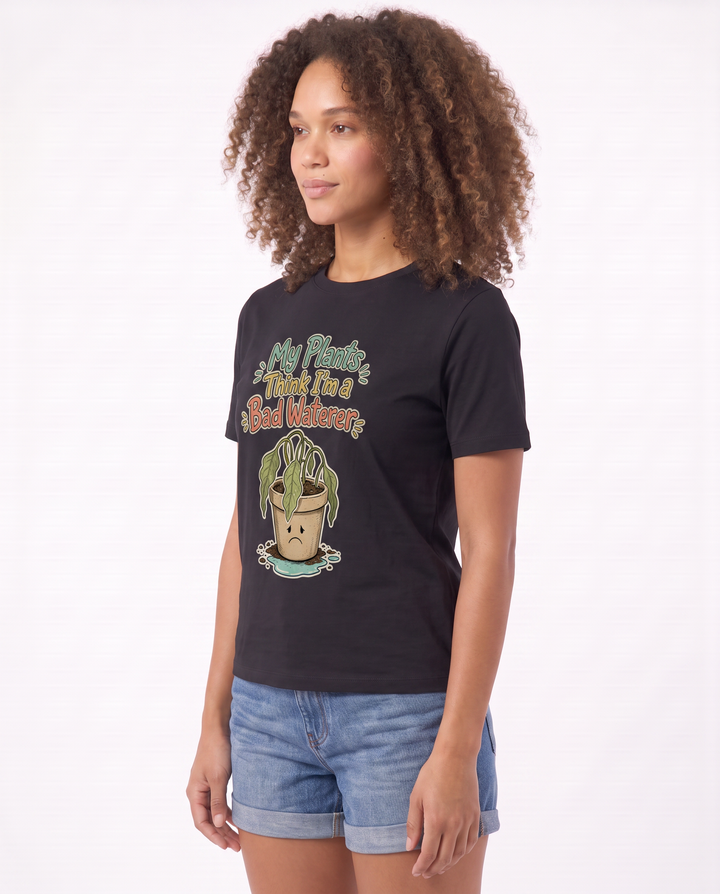 My Plants Think I'm A Bad Waterer Black T-Shirt mockup 2