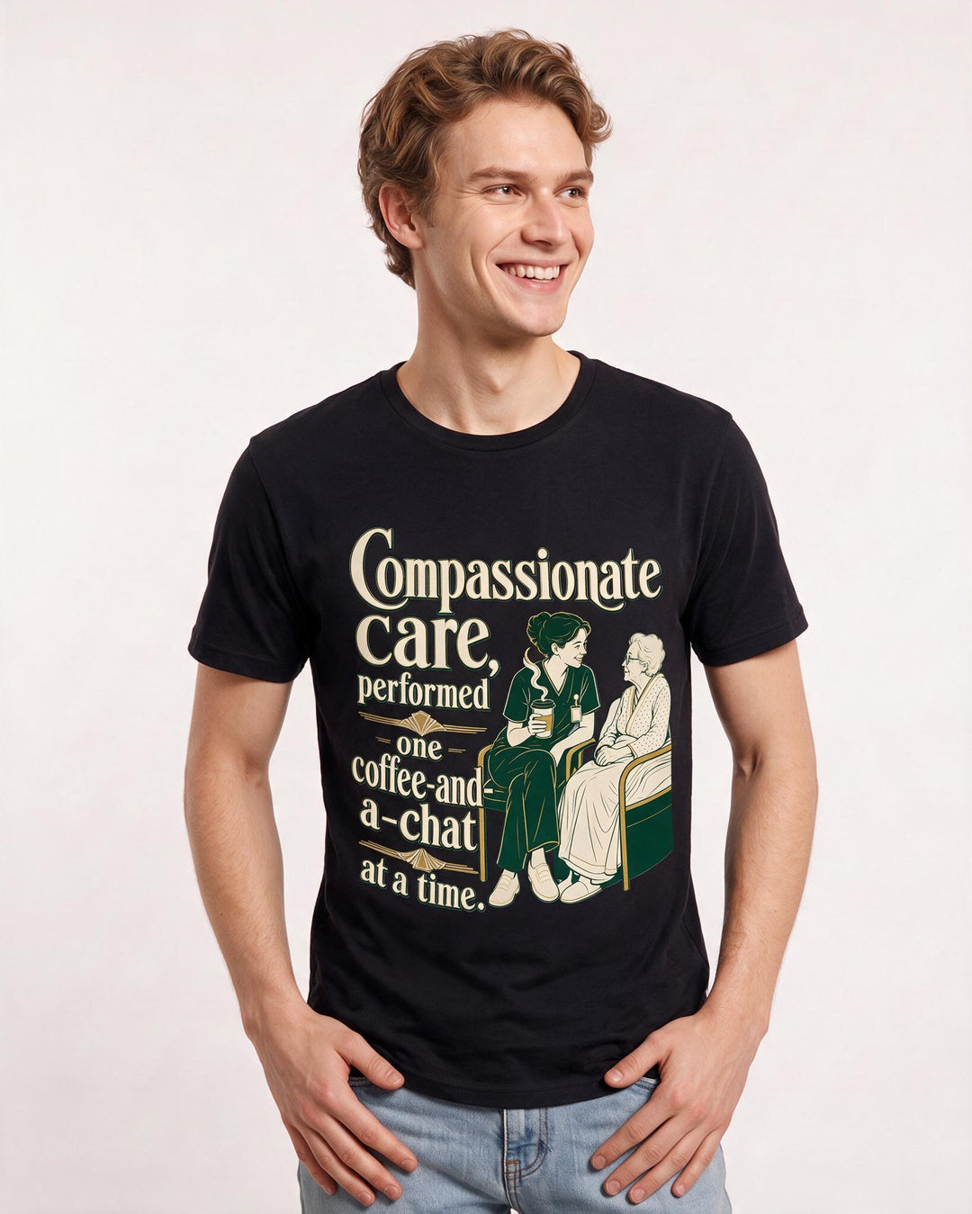 Nurse Men's Black T-Shirt – Compassionate care, performed one coffee-and-a-chat at a time. product image 3