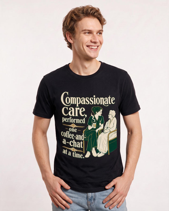 Nurse Men's Black T-Shirt – Compassionate care, performed one coffee-and-a-chat at a time. product image 3