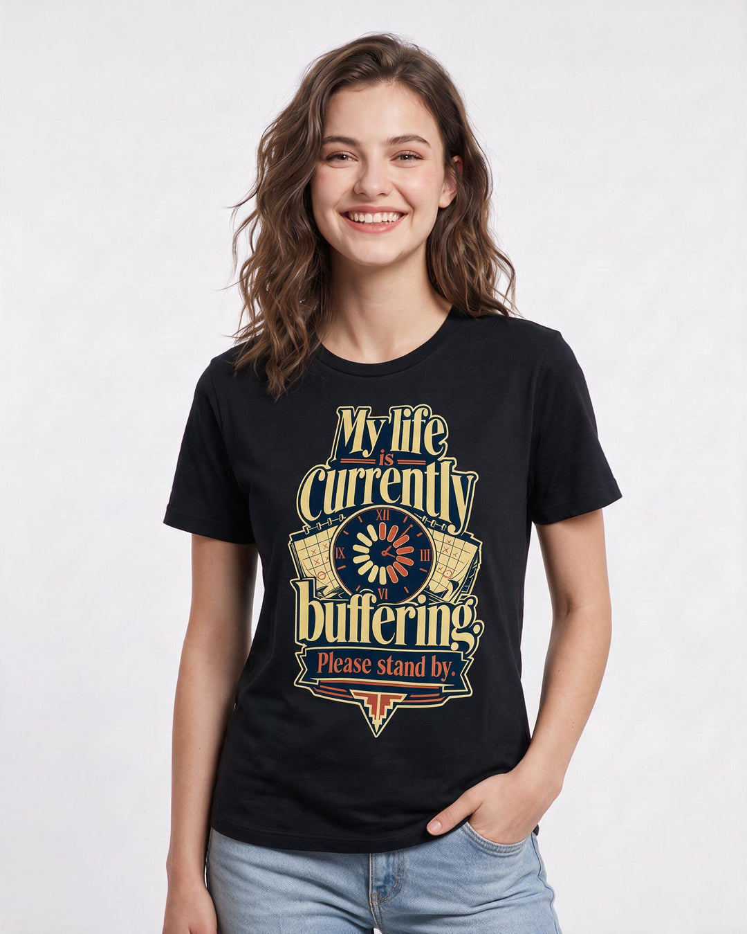 Funny Gaming Women's Black T-Shirt – My life is currently buffering. Please stand by. product image 3