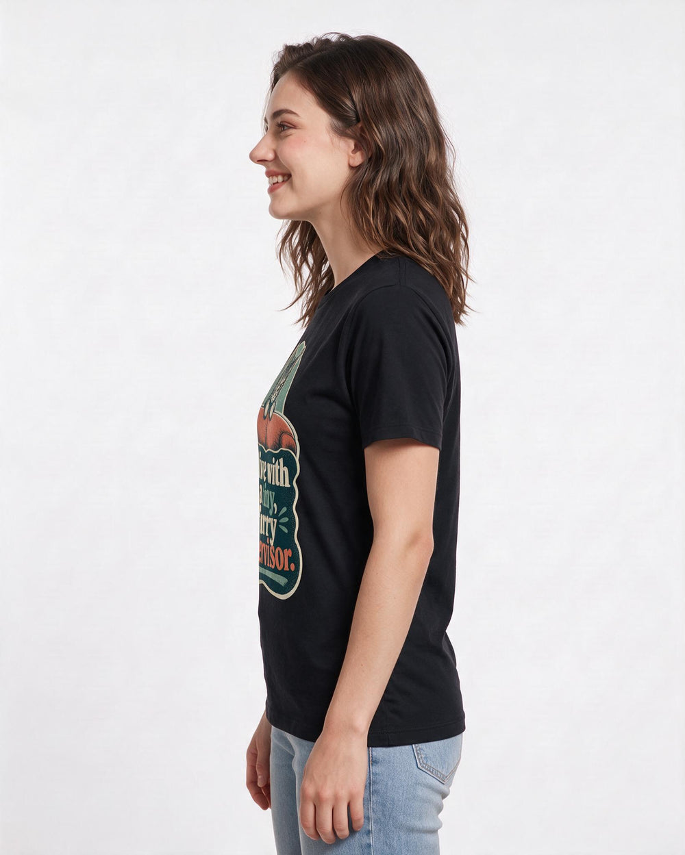 Cat Lover Women's Black T-Shirt – I live with a tiny, furry supervisor. product image 2