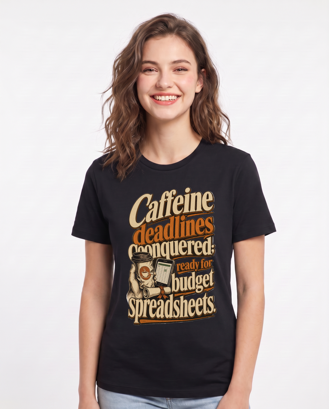 Graduation Women's Black T-Shirt – Caffeine deadlines conquered; ready for budget spreadsheets. product image 1