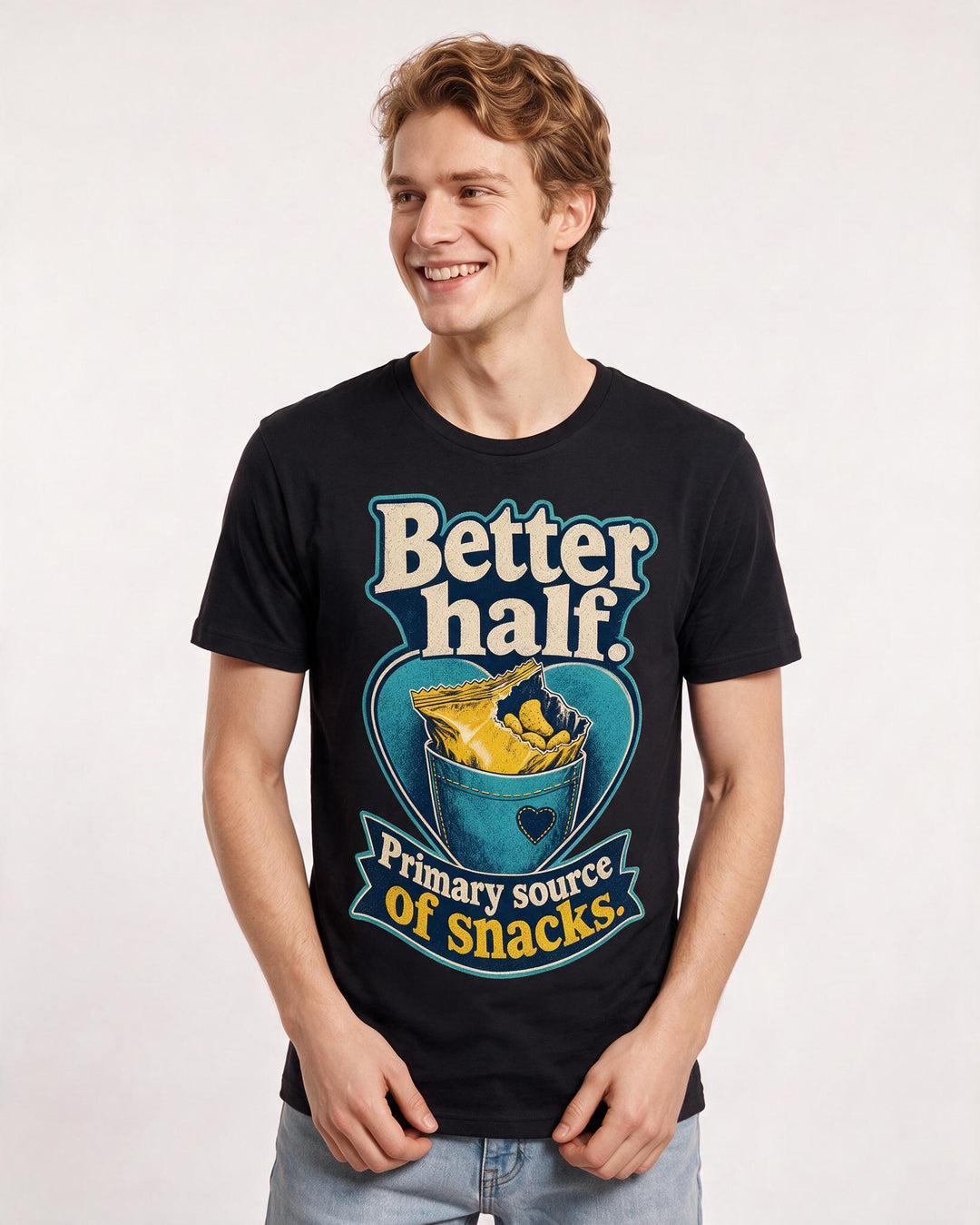 Funny Couples Men's Black T-Shirt – Better half. Primary source of snacks. product image 3