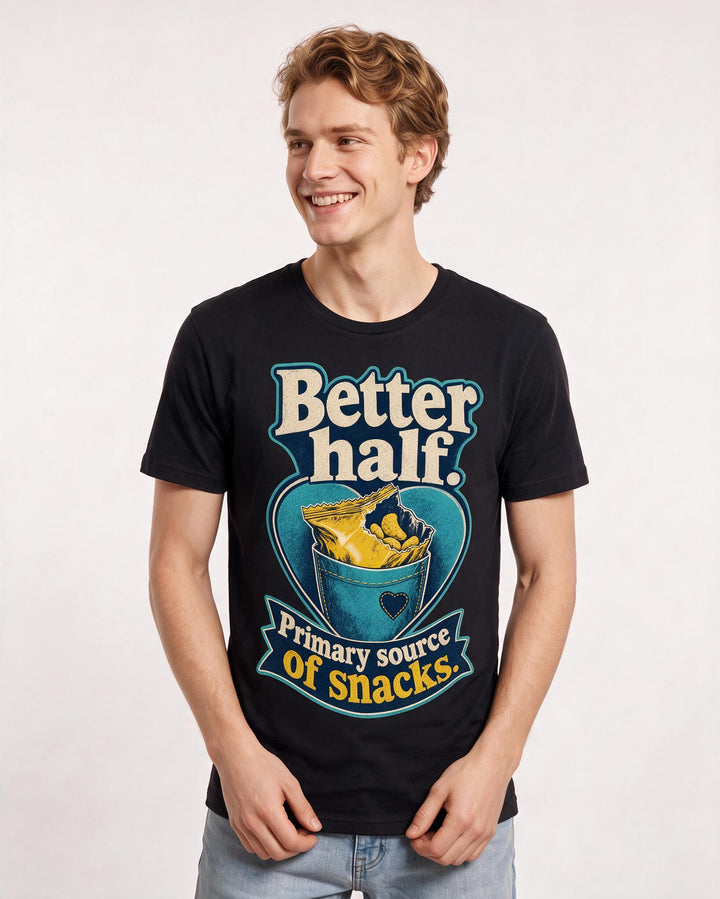 Funny Couples Men's Black T-Shirt – Better half. Primary source of snacks. product image 3