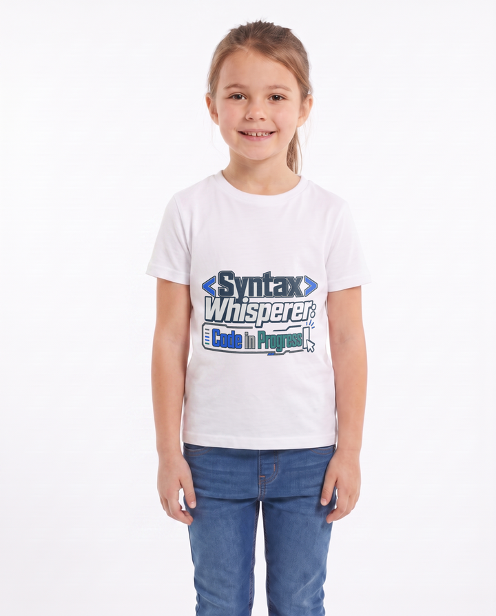 Syntax Whisperer: Code In Progress White T-Shirt mockup 1