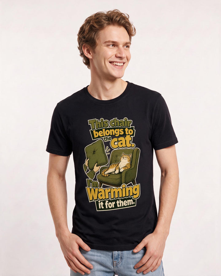 Funny Cat Lover Men's Black T-Shirt – This chair belongs to the cat. I'm warming it for them. product image 3