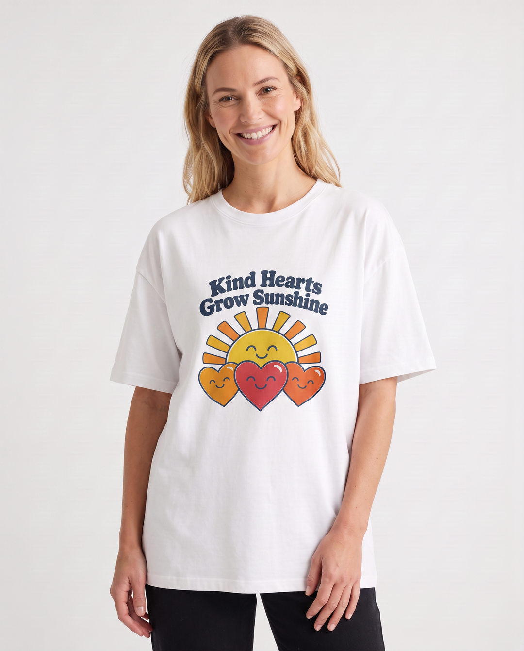 Kind Hearts Grow Sunshine White T-Shirt mockup 3