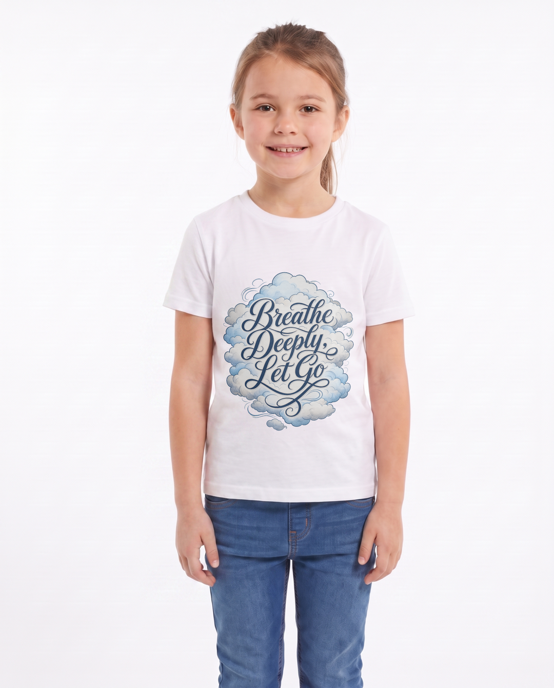 Breathe Deeply, Let Go White T-Shirt mockup 1