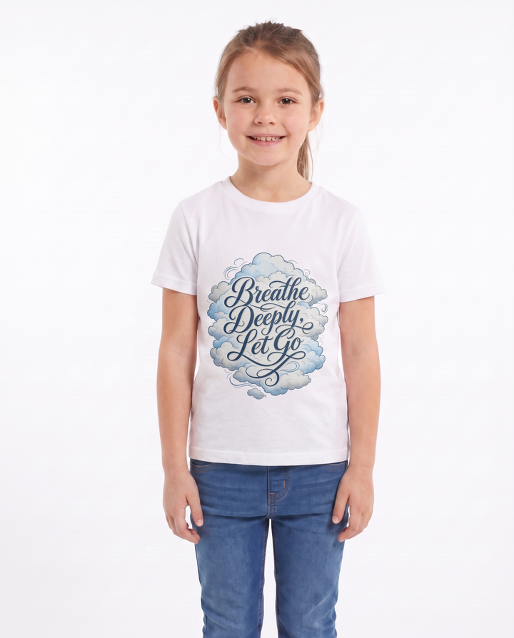 Breathe Deeply, Let Go White T-Shirt mockup 1