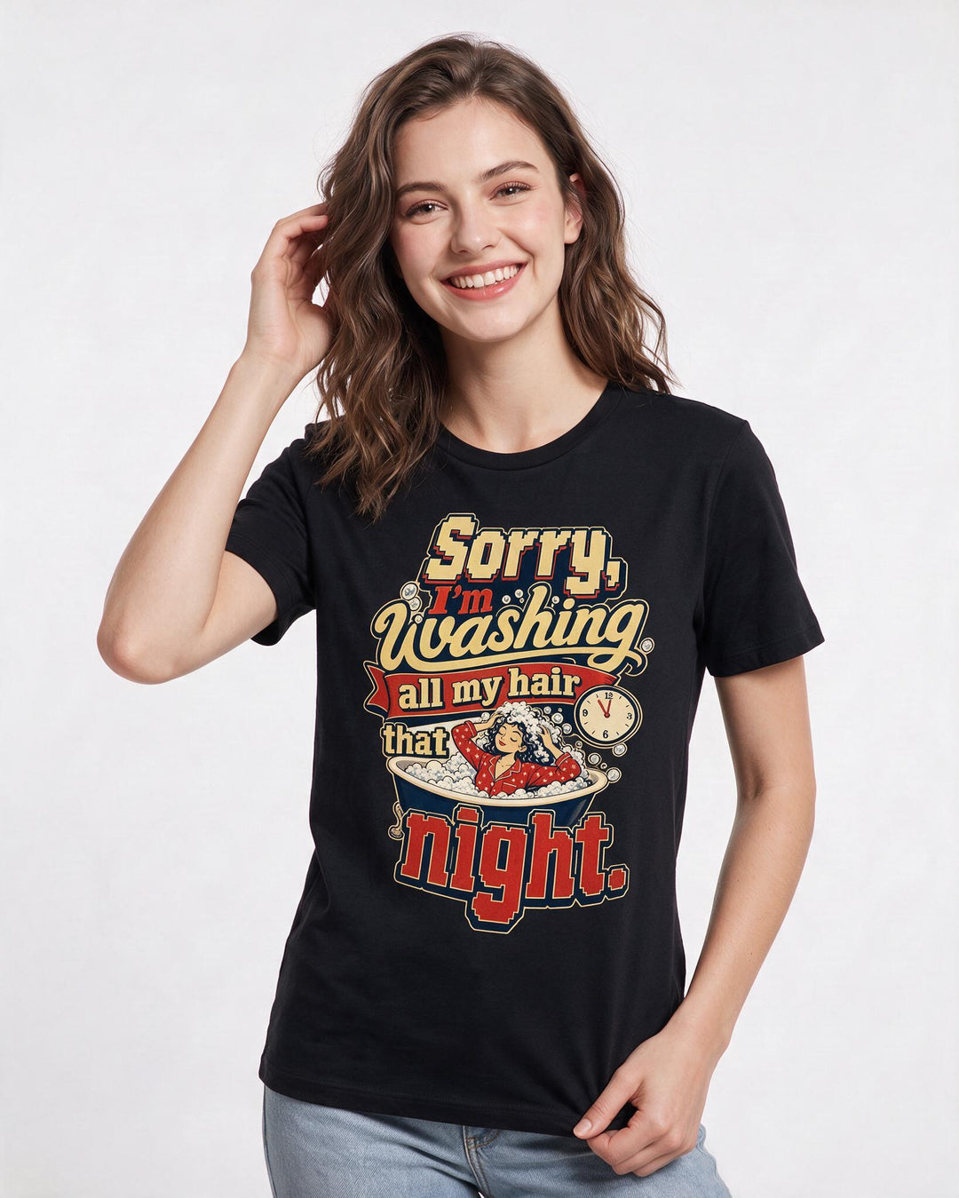 Funny Meme Women's Black T-Shirt – Sorry, I'm washing all my hair that night product image 3