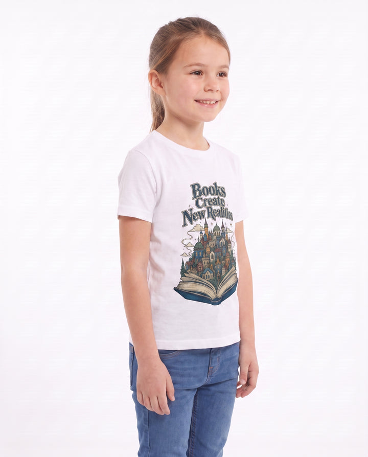 Books Create New Realities White T-Shirt mockup 2