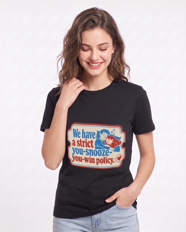 Couples Women's Black T-Shirt - We have a strict you-snooze-you-win product image 3