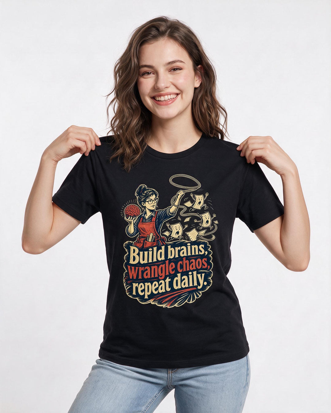 Teacher Women's Black T-Shirt – Build brains, wrangle chaos, repeat daily. product image 3