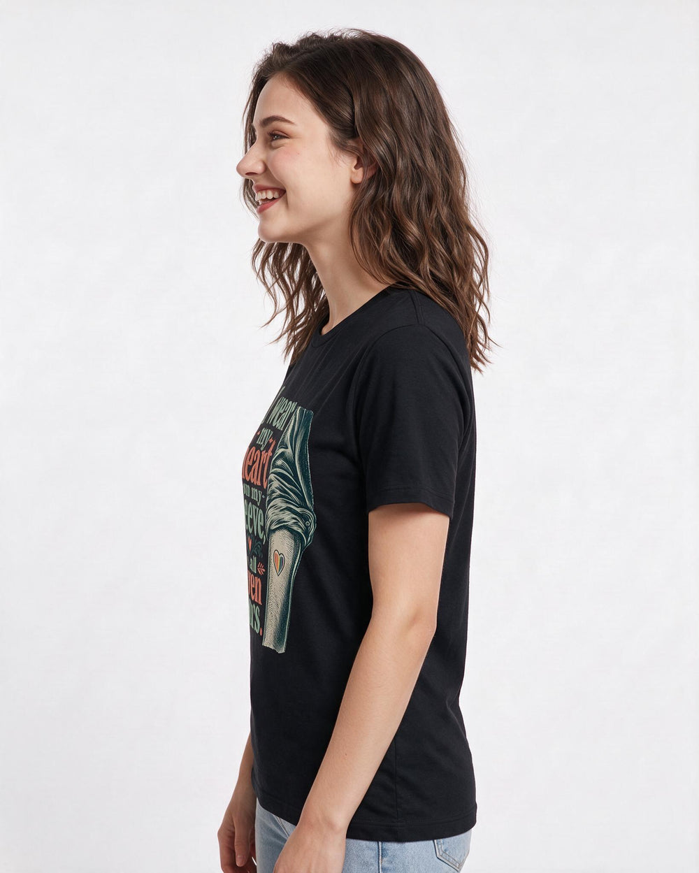 Pride Women's Black T-Shirt – I wear my heart on my sleeve, in all seven colors. product image 2