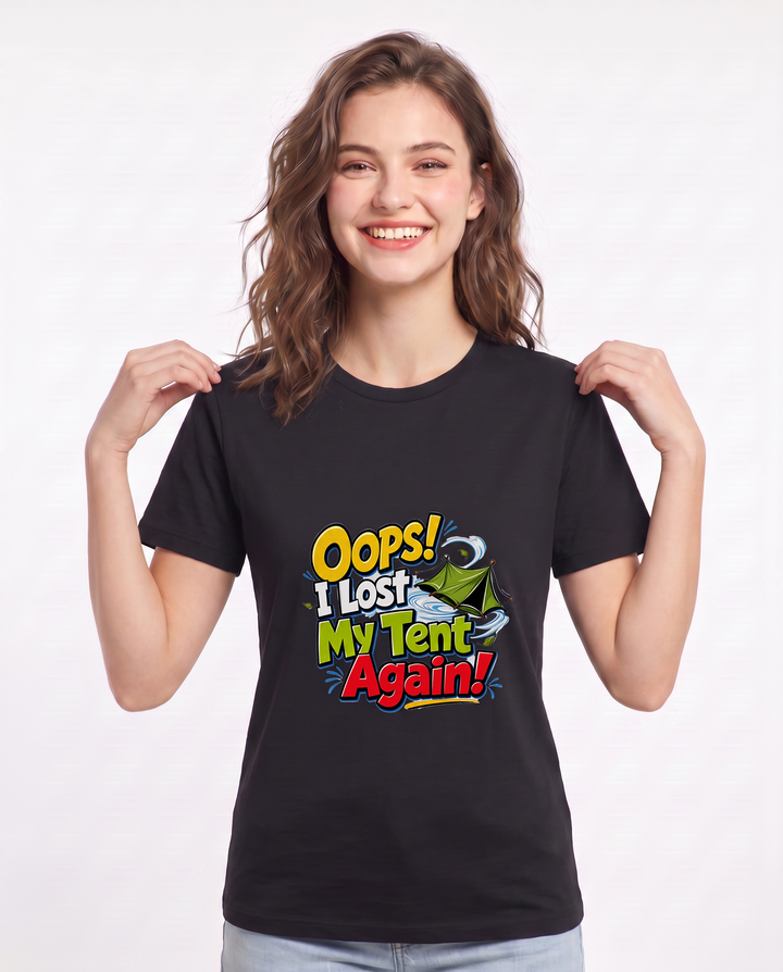 Oops! I Lost My Tent Again! Women's Black T-Shirt product image 1