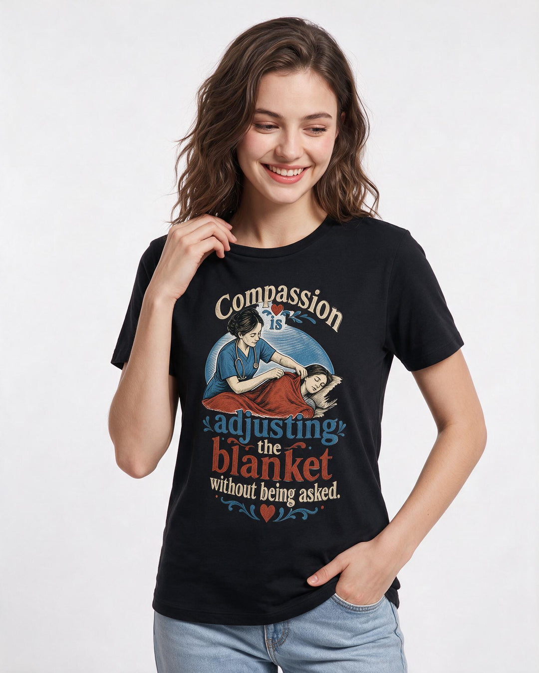 Nurse Women's Black T-Shirt – Compassion is adjusting the blanket without being asked. product image 3