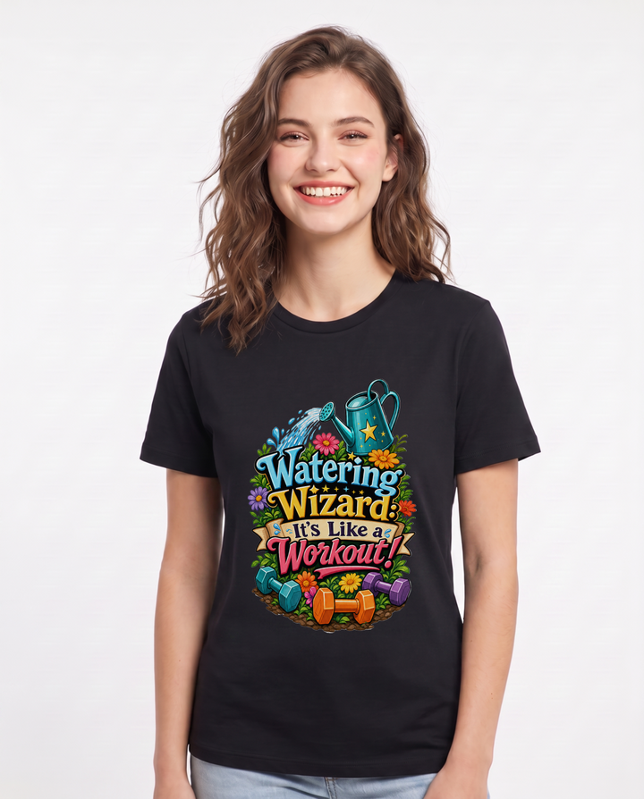 Watering Wizard: It’s Like a Workout! Women's Black T-Shirt product image 2
