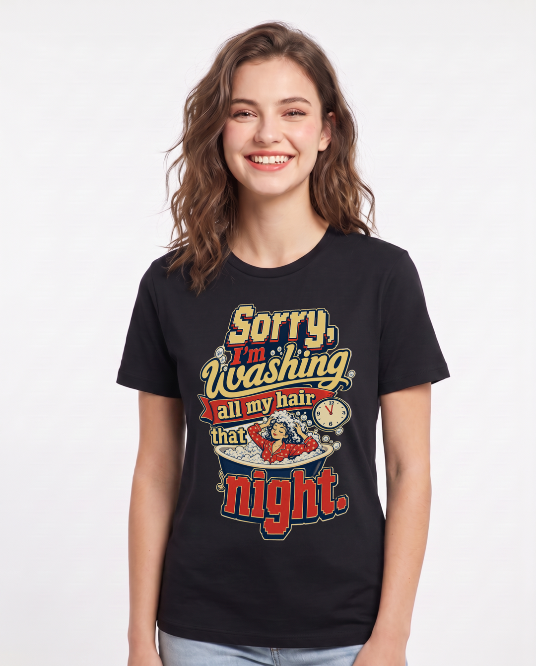 Funny Meme Women's Black T-Shirt – Sorry, I'm washing all my hair that night product image 1