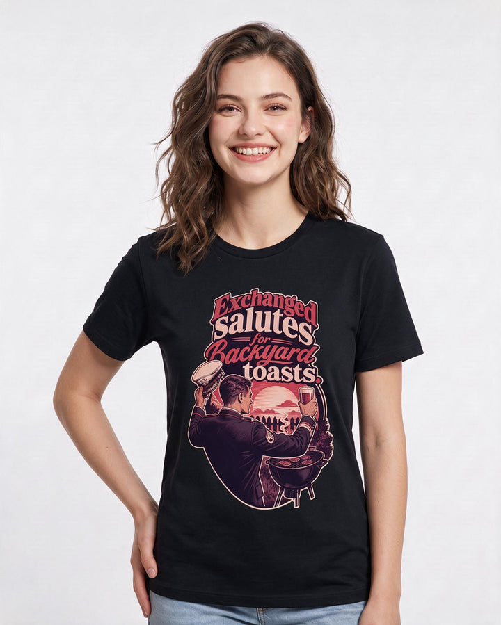 Veteran Women's Black T-Shirt – Exchanged salutes for backyard toasts. product image 3