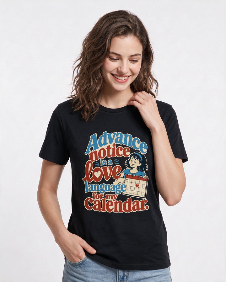 Neurodiversity Women's Black T-Shirt – Advance notice is a love language for my calendar. product image 3