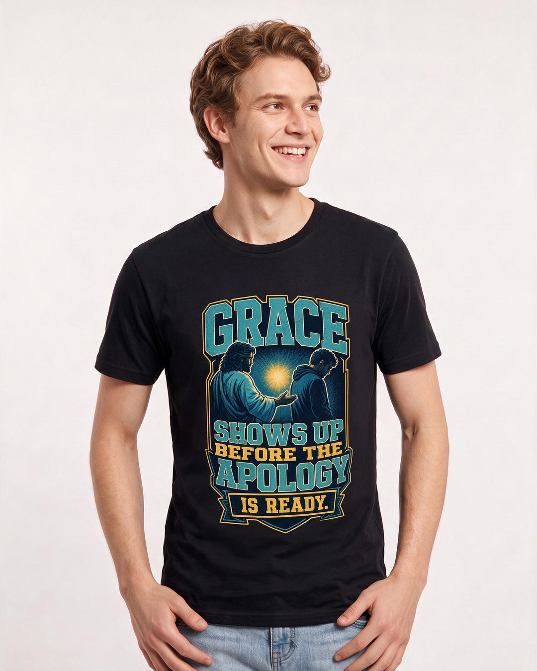 Christian Faith Men's Black T-Shirt – Grace shows up before the apology is product image 3