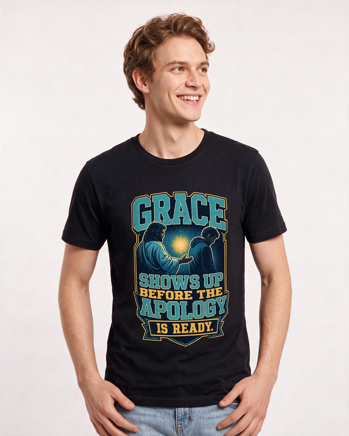 Christian Faith Men's Black T-Shirt – Grace shows up before the apology is product image 3