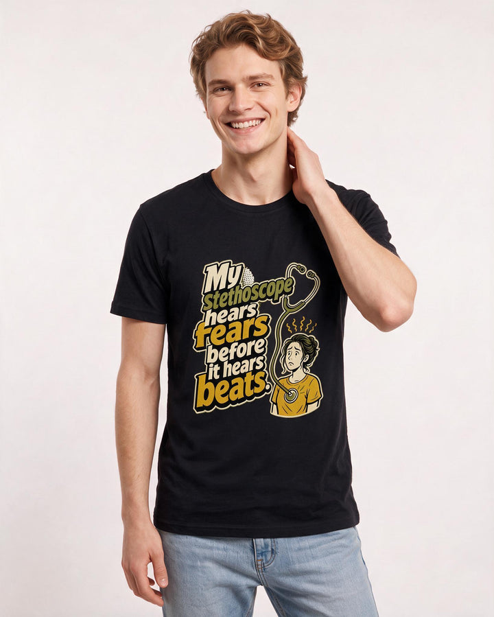Nurse Men's Black T-Shirt – My stethoscope hears fears before it hears beats. product image 3