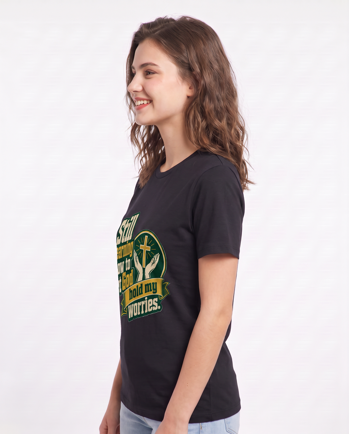 Graphic Women's Black T-Shirt - Still learning how to let God hold my product image 2