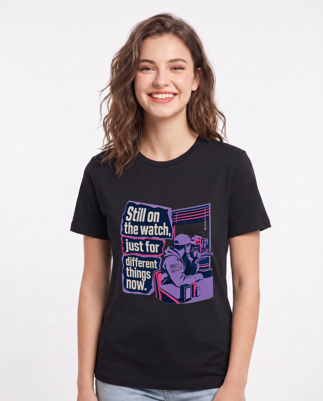 Veteran Women's Black T-Shirt – Still on the watch, just for different things now. product image 1