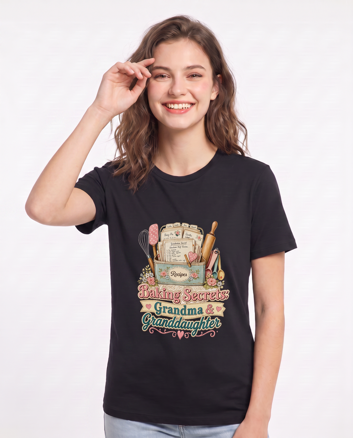 Baking Secrets: Grandma & Granddaughter Women's Black T-Shirt product image 1