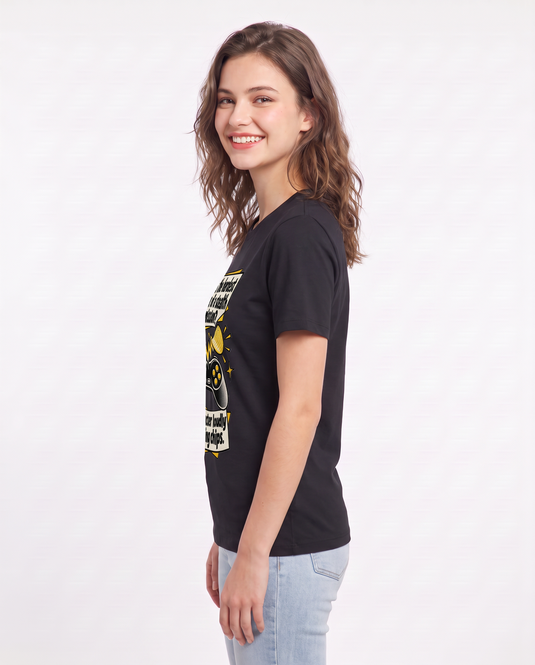What's the hardest part of a stealth mission? My character loudly crunching chips. Women's Black T-Shirt product image 3