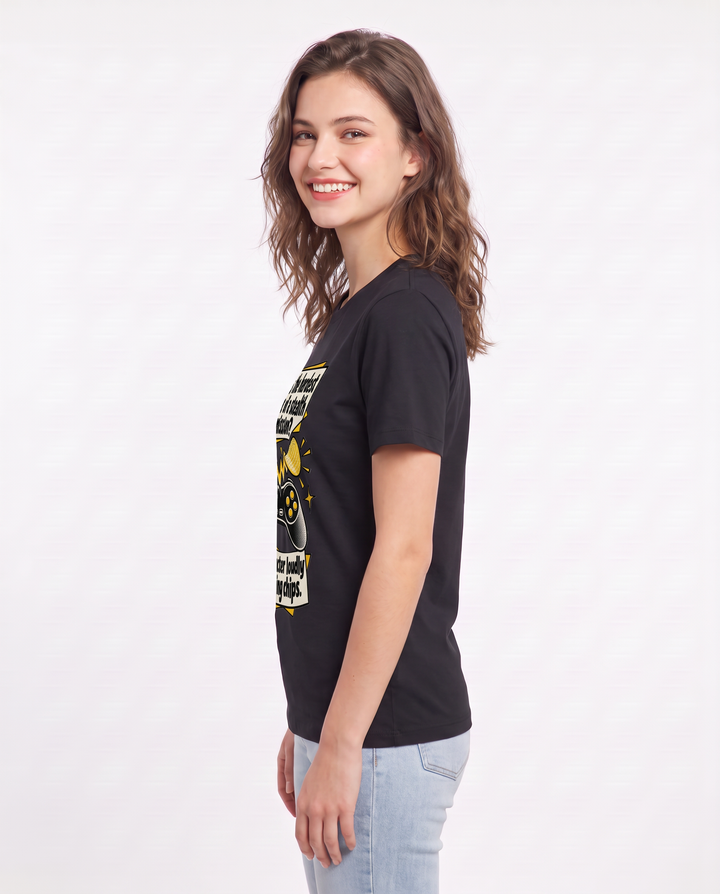 What's the hardest part of a stealth mission? My character loudly crunching chips. Women's Black T-Shirt product image 3