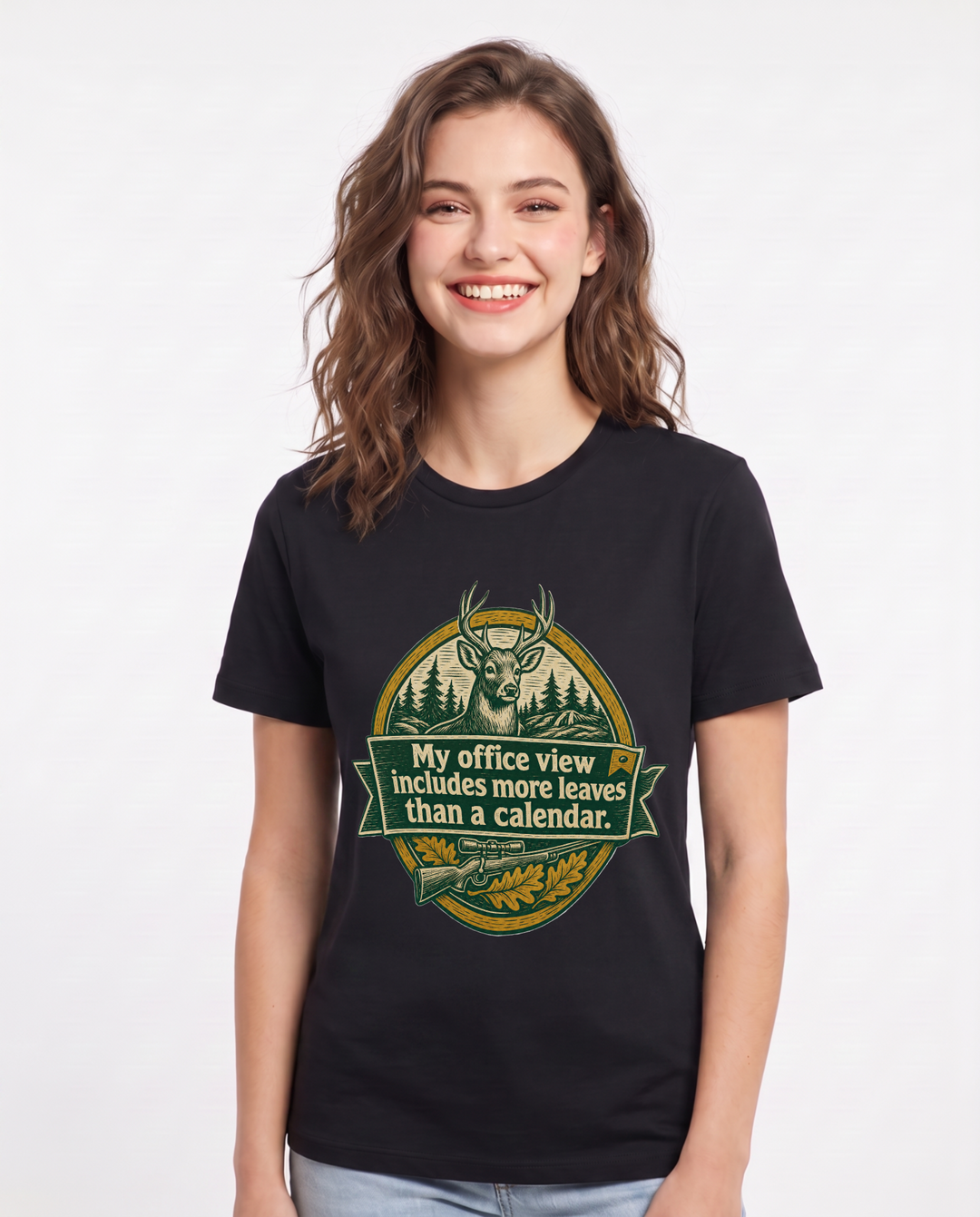 Hunting Women's Black T-Shirt - My office view includes more leaves product image 1